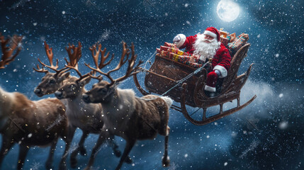 Santa Claus riding a sleigh pulled by reindeer across the night sky