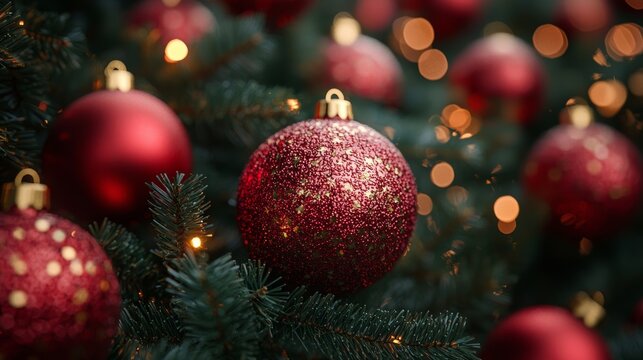 Decorative red ornaments hanging on a Christmas tree adorned with warm, glowing lights in a cozy holiday setting