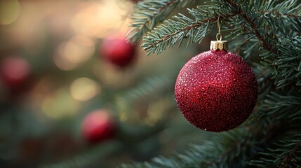 Obraz premium Sparkling red ornament hanging from evergreen branches during a festive winter holiday setting