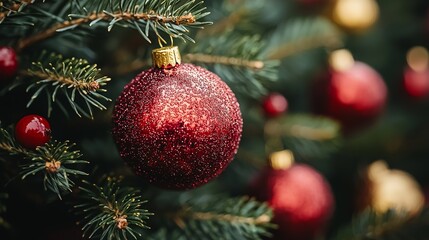 Obraz premium Close-up of a glittering red ornament hanging on a pine tree branch during the festive Christmas season