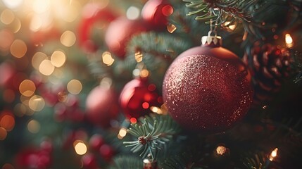 Ornate red and gold Christmas ornaments hanging on a pine tree decorated with twinkling lights during the festive season