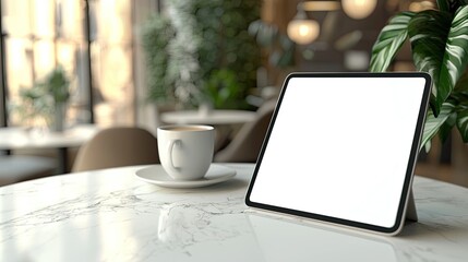 a digital tablet with a blank white screen, placed on a table in what appears to be a cozy softly lit cafe or office setting