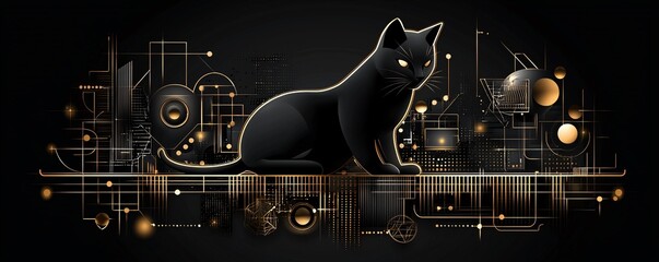 A glamorous Art Deco Halloween scene featuring a black cat silhouette and ornate, gold geometric patterns. The background is dark, allowing for plenty of copy space.