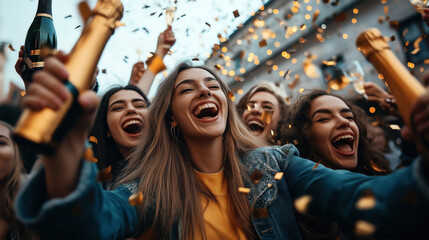 A group of joyful women celebrating outdoors with champagne and confetti, capturing the excitement and happiness of a festive event or party.