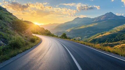 beautifully curved asphalt road stretching through a scenic landscape at sunset. The road is bordered by lush green trees and mountains