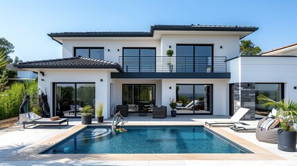 Fototapeta premium Modern white villa with a swimming pool surrounded by landscaped greenery in bright daylight