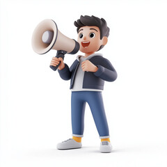 3D character of a man holding a megaphone pointing upward on a white background, icon for marketing and public use
