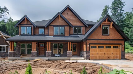Modern two-story house under construction surrounded by trees in a residential area on a cloudy day