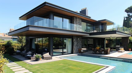 Modern two-story house with large glass windows and a swimming pool surrounded by landscaped gardens on a sunny day