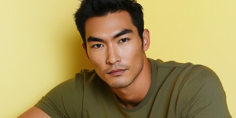 Fototapeta premium A studio close-up portrait of a young Asian man wearing a casual t-shirt, with a colourful background.