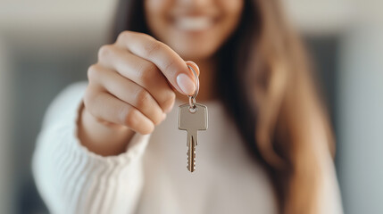 Young happy woman taking a selfie while holding the key to her new apartment, looking at the camera with a big smile, celebrating her new home purchase. photo