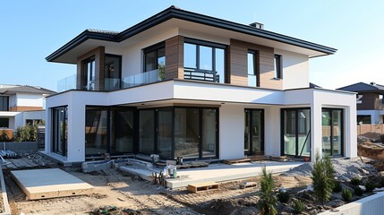 Modern residential house under construction with large windows and minimalist design in a suburban neighborhood during daylight