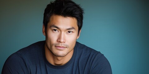 Fototapeta premium A studio close-up portrait of a young Asian man wearing a casual t-shirt, with a colourful background.