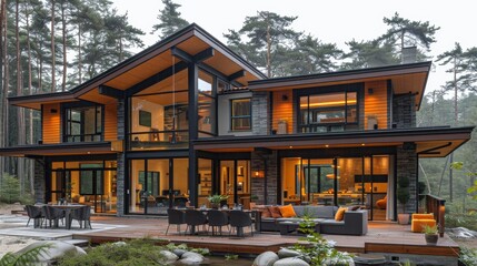 Fototapeta premium Modern glass and wood house nestled among trees with spacious outdoor area in a tranquil forest setting during the early evening