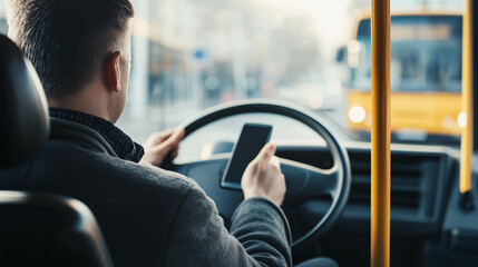 close-up of a bus driver checking their cell phone mid-drive, drawing attention to the critical issue of distracted driving in public transport. photo