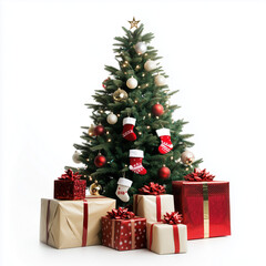 Festive Christmas tree decorated with presents and sock-shaped ornaments on a white background