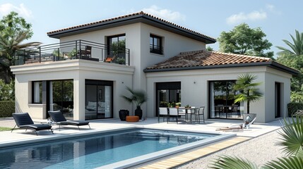 Modern two-story villa with pool and outdoor seating in a sunny residential area surrounded by lush greenery