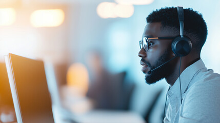 focused customer support representative working on a desktop PC in a modern office setting, highlighting the professionalism and dedication in handling customer inquiries. photo