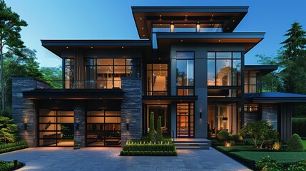 Obraz premium Modern architectural design of a luxury home in a tranquil setting at dusk, showcasing intricate landscaping and contemporary features