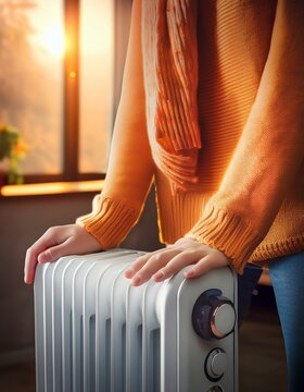 Primer plano de una mujer calent&aacute;ndose las manos con la estufa; fr&iacute;o, invierno
