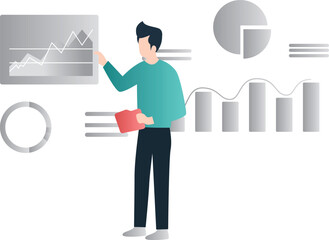 A boy standing and see the  graphs.