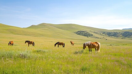 Horses Grazing in a Lush Meadow