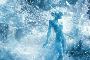 A female ice fairy with her entire body and hair made of ice.