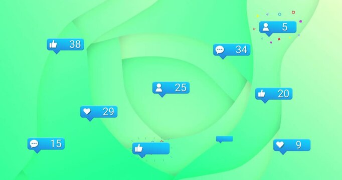 Social media notifications animation over green abstract background
