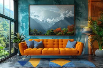 A vibrant orange couch complements a mountain landscape view through large windows in a modern,...