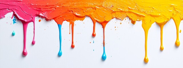  A white wall features a vibrant rainbow-hued paint drip collection