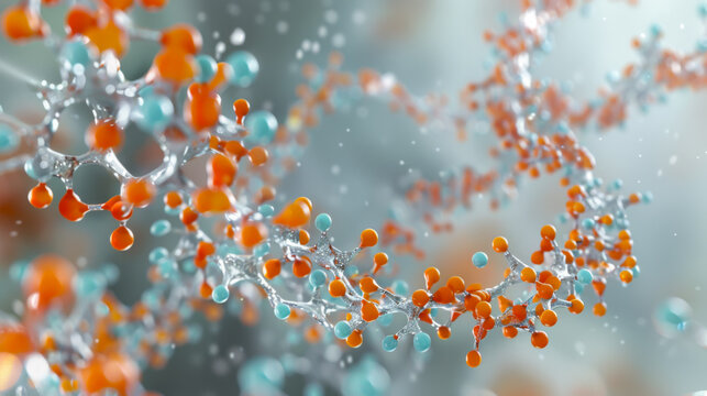 Abstract molecular background with turquoise orange DNA structure. Concept of science, laboratory, experiments.