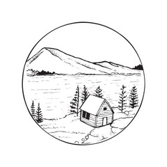 Black and white landscape illustration of beach or lake with fir and pine trees with mountains in the background