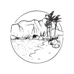 Black and white landscape illustration of beach or lake with trees and mountain in the background