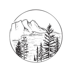 Black and white landscape illustration of lake or river with fir and pine trees with mountains in the background