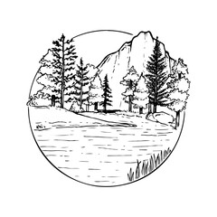Black and white landscape illustration of river or lake with fir and pine trees with mountains in the background