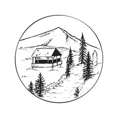 Black and white landscape illustration of grassland or savanna with fir and pine trees with mountains in the background