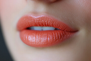 Fototapeta premium Close-up of a woman's face highlighting her nude lipstick and freckled complexion. Her mouth is slightly open, revealing straight white teeth
