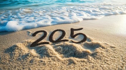 handwritten 2025 on beautiful beach sand.Happy new year 2025 message,