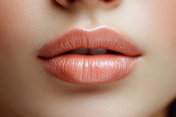Fototapeta premium Close-up of a woman's face highlighting her nude lipstick and freckled complexion. Her mouth is slightly open, revealing straight white teeth
