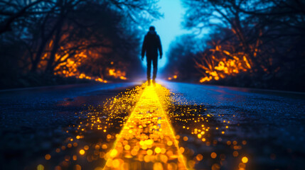 Fototapeta premium A man in dark clothes walks along a dark road along a bright yellow path in the form of a line. Walking concept. Lifestyle.