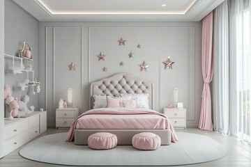 luxury minimalist light grey kids bedroom with pink elegant set of bed and stars decoration 