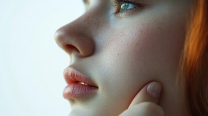 Fototapeta premium Close-up profile of a young woman with freckles, looking thoughtful, with a finger touching her cheek.