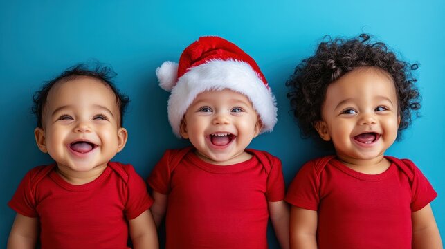 happy multiethnic babies weraing santa hat and red t-shirts smiling and laughing on a blue background with copy space, panoramic banner for christmas advertising or concept design, copy space