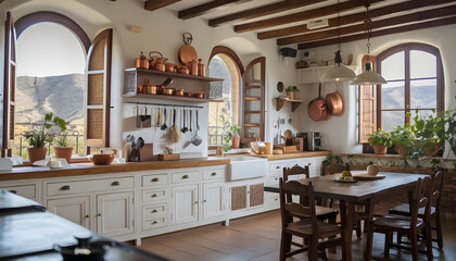 Modern interior design of kitchen with island in farmhouse.Interior kitchen design, modern rustic style, light wood cabinets.