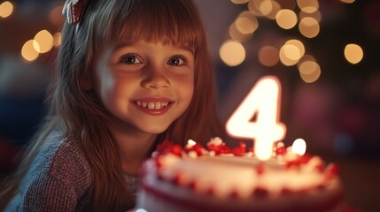 Naklejka premium A young girl is holding a cake with the number 4 on it. She is smiling and looking at the camera