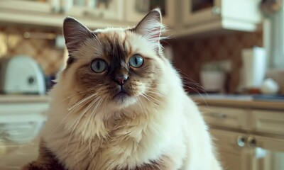 Curious Birman cat exploring a kitchen countertop, Video