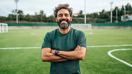 A bearded man in a green shirt stands on a soccer field with his arms crossed, smiling. The field has goalposts and is surrounded by trees and light poles.