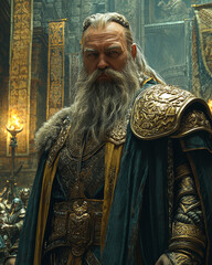 Obraz premium dwarven king standing tall in an opulent throne room, draped in golden armor and a flowing cape