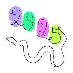 2025 year of snake one line art, hand drawn continuous contour.Holiday concept,festive New year chinese astrological horoscope, poisonous reptile serpent outline.Editable stroke.Isolated.Vector