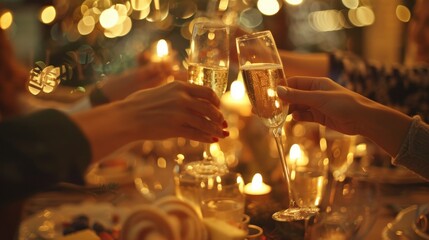 Naklejka premium Elegant gathering people toasting with champagne at a cozy candlelit dinner celebration